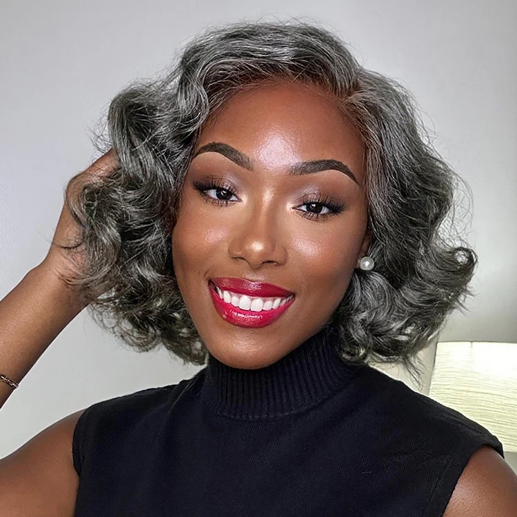 Elegant Salt & Pepper Loose Body Wave Glueless 4x4 Lace Short Wig