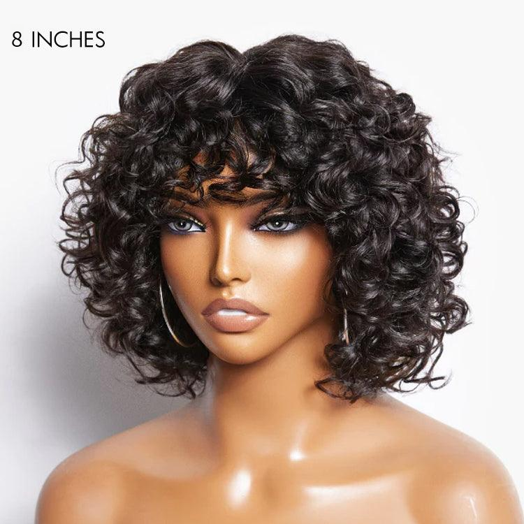 Light Weight Short Cut Water Wave Glueless No Lace Wig with Curly Bangs