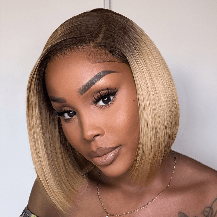 Ash Blonde Ombre Blunt Cut Bob Glueless 6x4 Lace Short Bob Wig Ready to Go