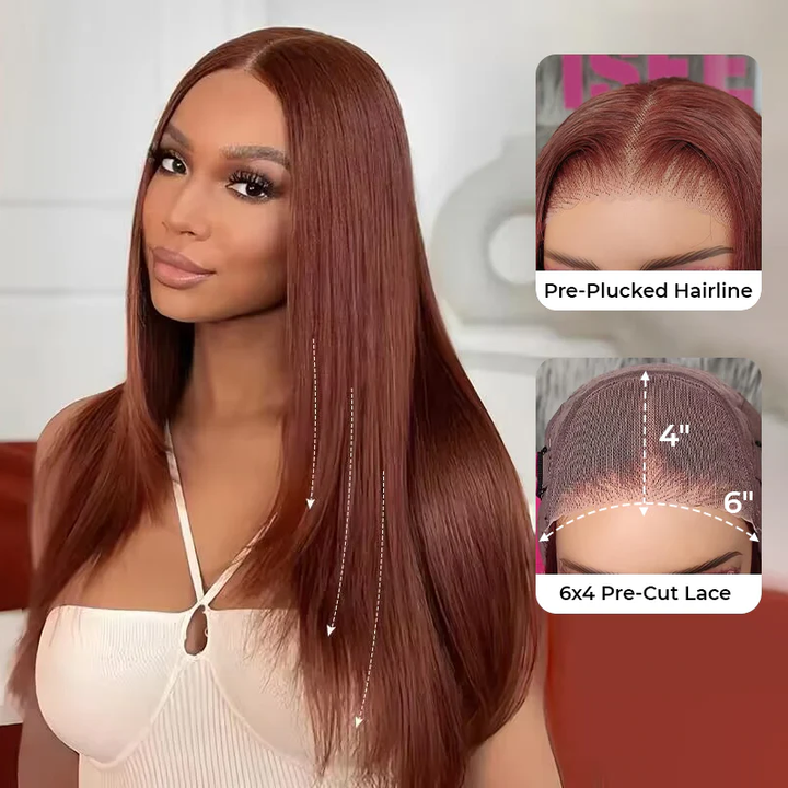 TianaHair Reddish Brown Layered Cut Straight 6x4 Transparent Lace Wear Go Wig Pre-Cut Glueless Wig.