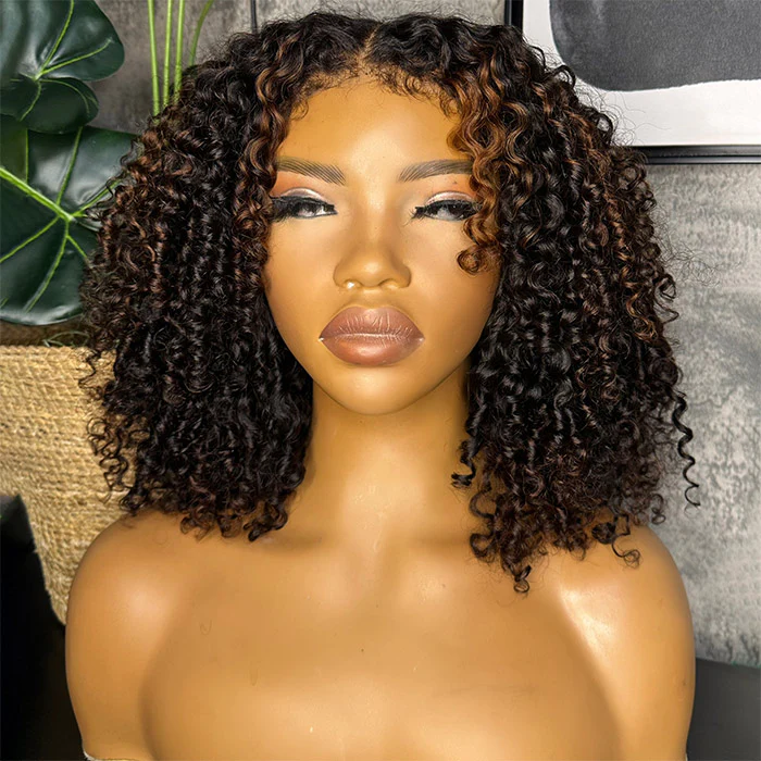 4x4/7x5 Lace Highlights Balayage Layer Cut 4C Edges Hairline Coily Curly Short Bob Glueless Wig Human Hair