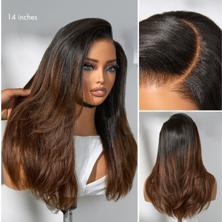 7x5 Lace Ombre Brown Layered Cut Yaki Straight Glueless Wig Human Hair Long Wig Pre-Cut Lace
