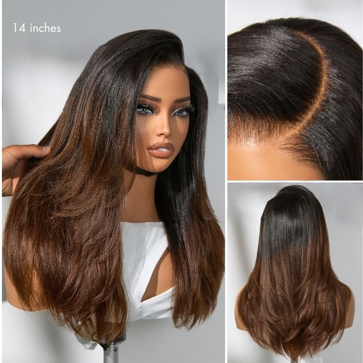 7x5 Lace Ombre Brown Layered Cut Yaki Straight Glueless Wig Human Hair Long Wig Pre-Cut Lace