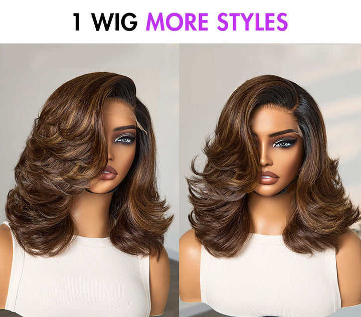 Ombre Brown Butterfly Layers Loose Wave Glueless 6x4 Lace Short Wig