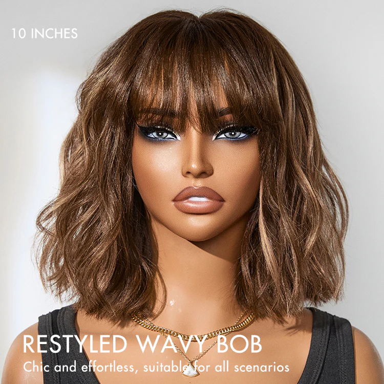 Ash Blonde Highlights Yaki Blunt Cut Bob Wig with Bangs Glueless No Lace Short Wig