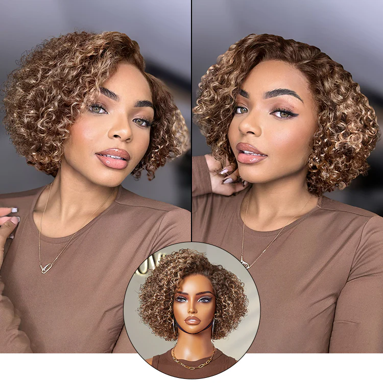 6x4 Lace Ash Blonde Highlight Short Kinky Curly Wear And Go Glueless Wig