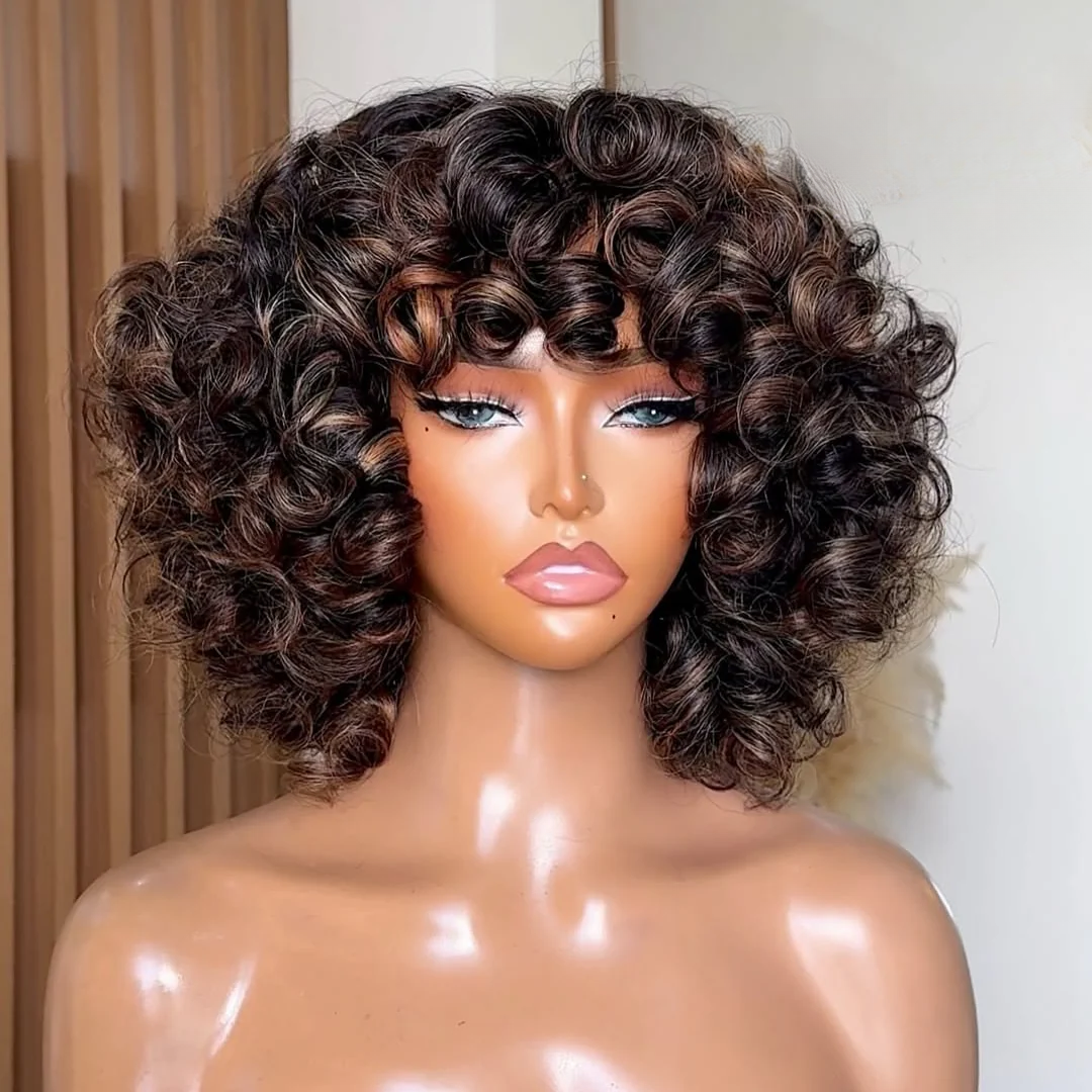 No Lace Brown Highlights/Natural Black Glueless Voluminous Curly bob Wig With Bangs Glueless Wig
