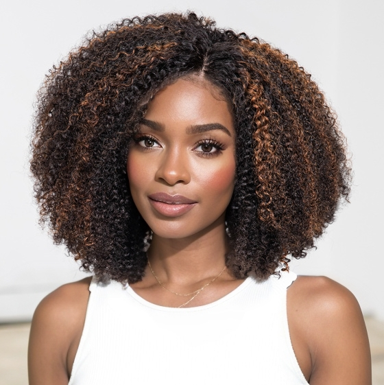 FlexCap Wear & Go Brown Highlight Afro Kinky Curly 7x5 Pre-Everything & Transparent Lace Flexi-Fit Invisi Drawstring Cap Glueless Wig
