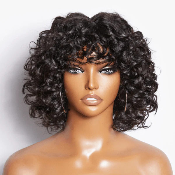 Light Weight Short Cut Water Wave Glueless No Lace Wig with Curly Bangs