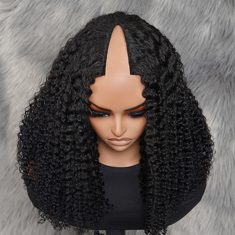 TianaHair V Part Natural Black Afro Curly Glueless Wigs 180% Density 100% Human Hair.