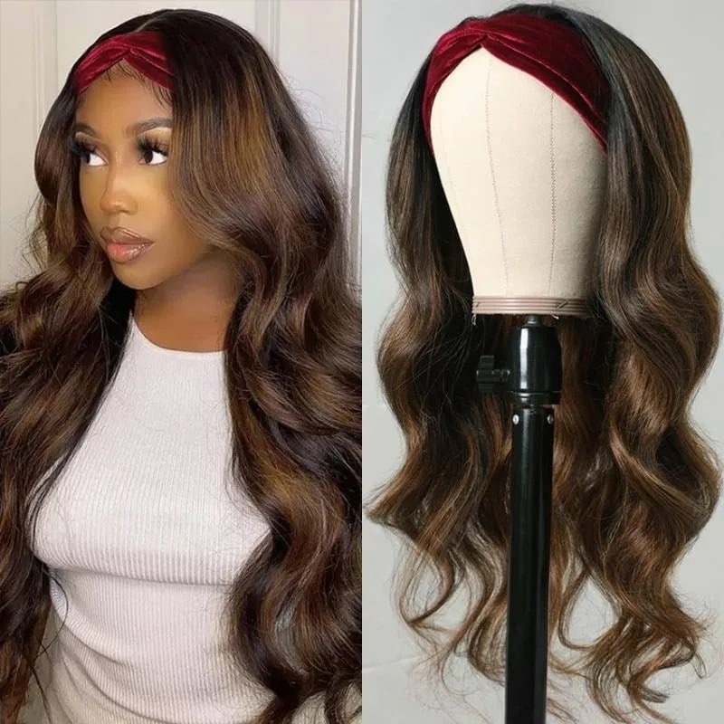 TianaHair Highlight Brown Body Wave No Lace Glueless Long Headband Wig 150% Density 100% Human Hair.