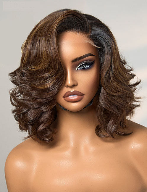 Ombre Brown Butterfly Layers Loose Wave Glueless 6x4 Lace Short Wig