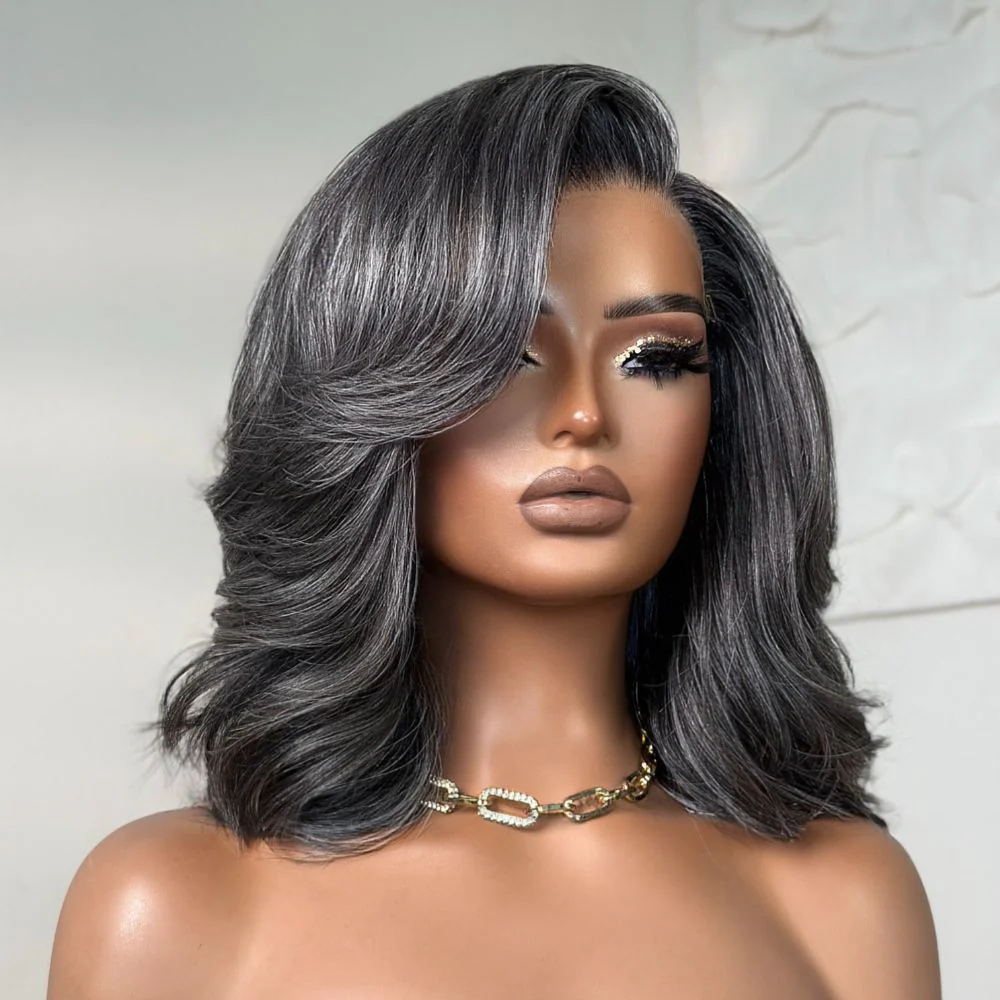 4x4 Lace Vintage Salt and Pepper Grey Volume Layered Body Wave Side Part Wig