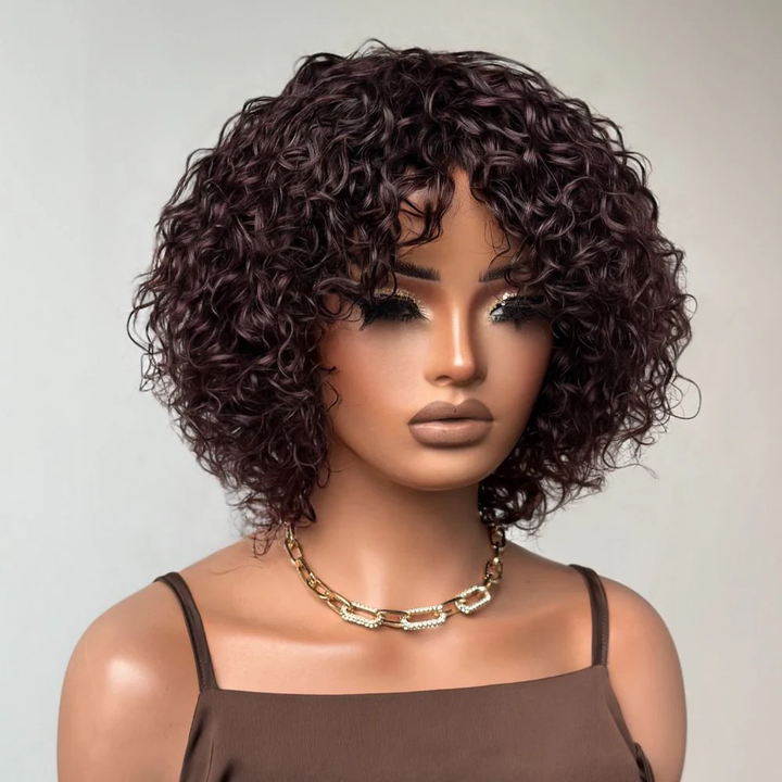 No Lace Put On & Go Dark Brown Curly Bob Wig With Bangs 100% Human Hair