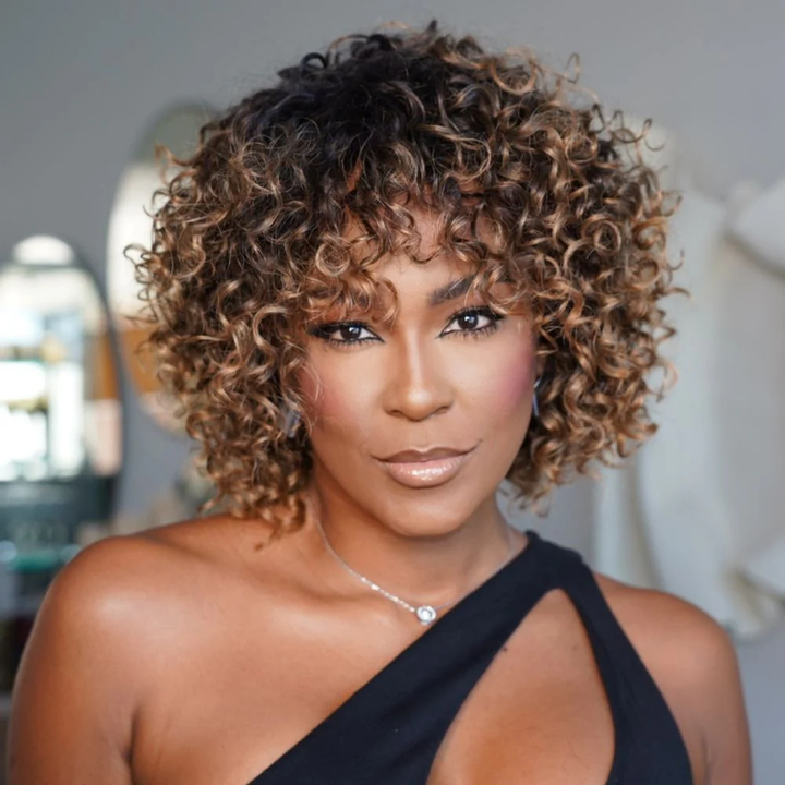 Chic Ombre Golden Brown Short Cut Curly Put On & Go Wig 100% Human Hair