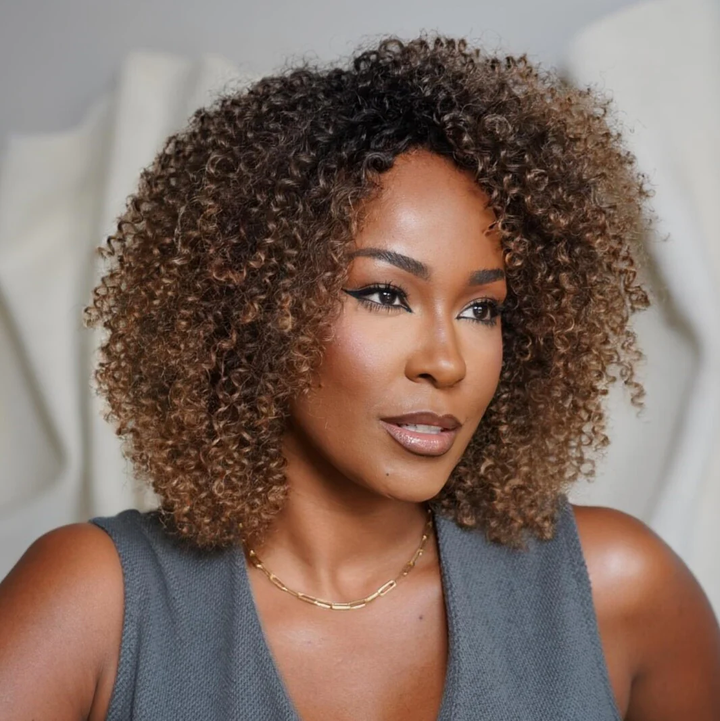 No Lace Put On & Go Honey Brûlée Curly Glueless Wig With Bangs