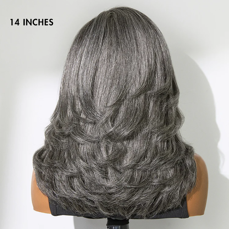 Layered Blowout Salt and Pepper 4x4 Lace Glueless Grey Wig Shoulder Length Wavy Wig