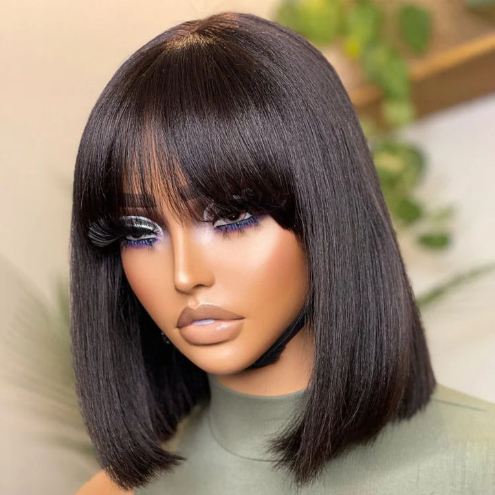 TianaHair Realistic Glueless Silky Straight Bob with Bangs No Lace Wig 150% Density 100% Human Hair.