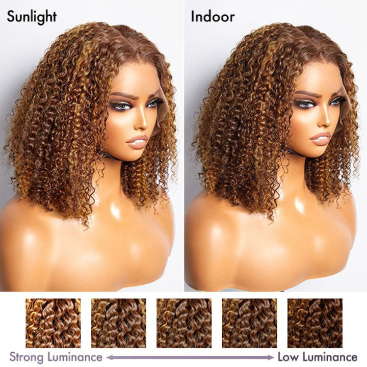 TianaHair Mix Color Brown Curly Bob Wig 6x4 Glueless Pre-Plucked Wig 100% Human Hair.