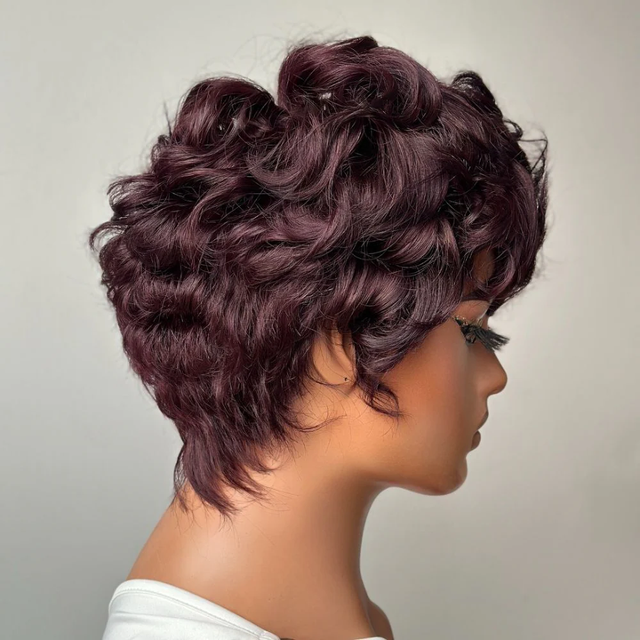 No Lace Put On & Go Dark Burgundy Pixie Cut Wig 100% Human Hair