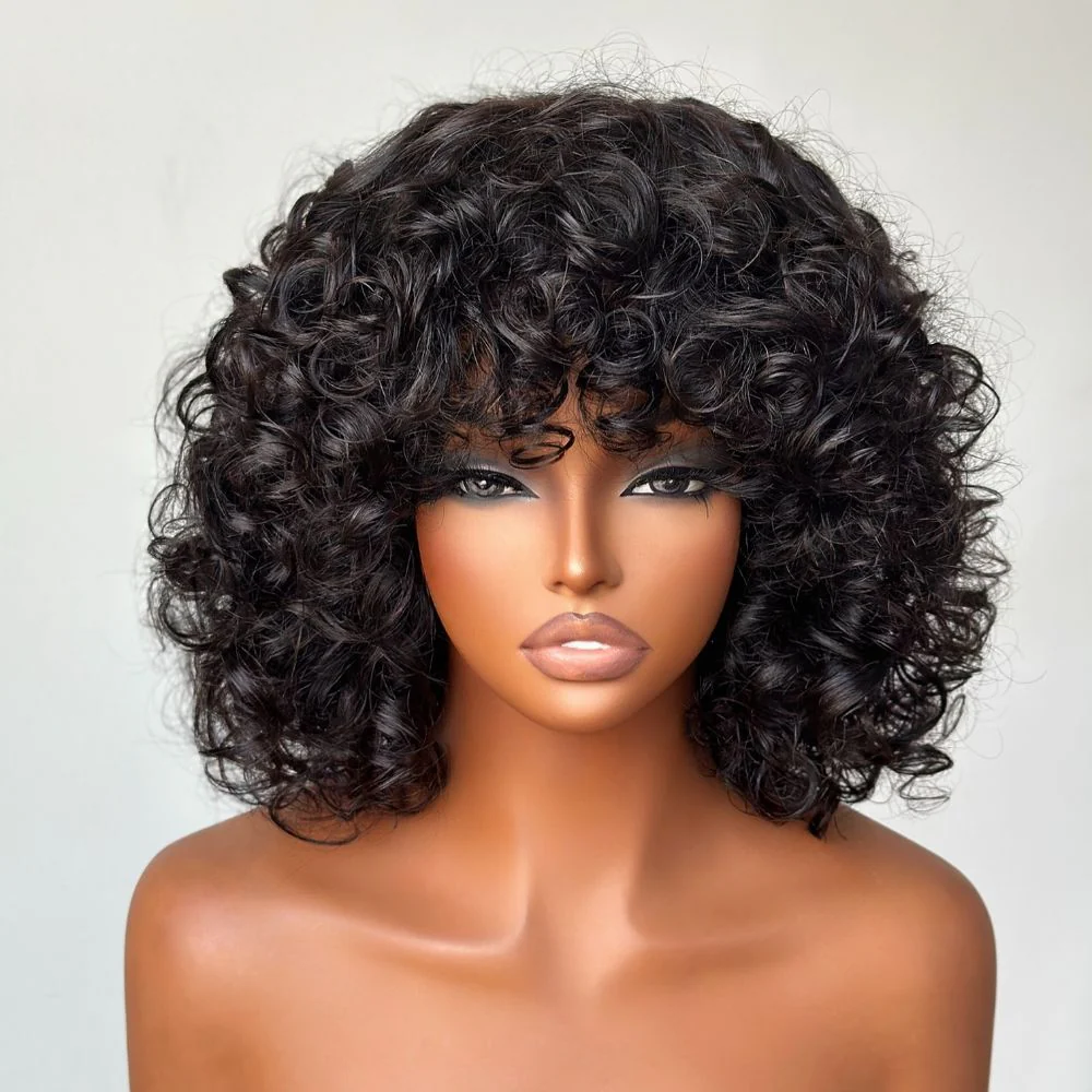 No Lace Brown Highlights/Natural Black Glueless Voluminous Curly bob Wig With Bangs Glueless Wig