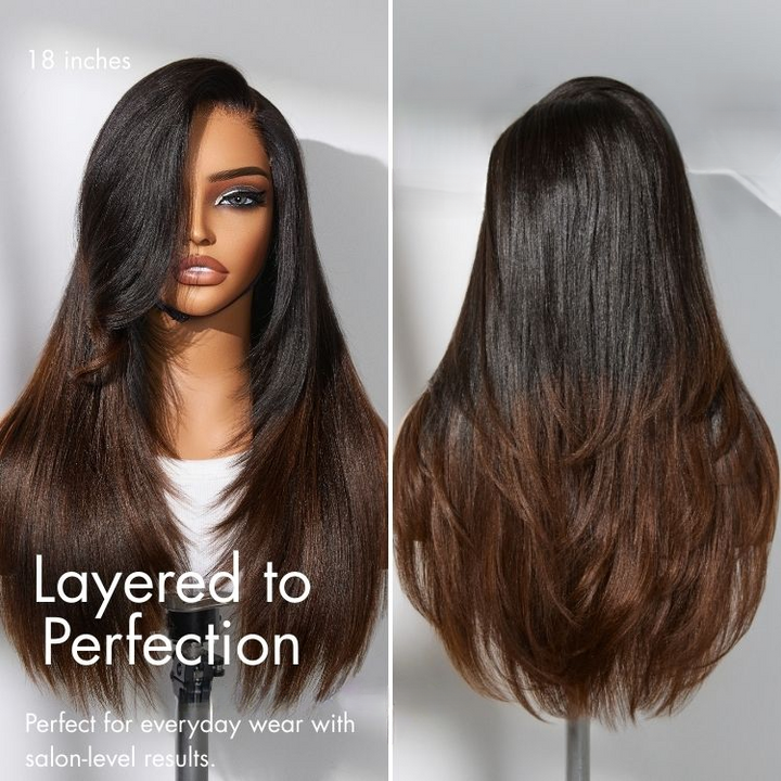 7x5 Lace Ombre Brown Layered Cut Yaki Straight Glueless Wig Human Hair Long Wig Pre-Cut Lace