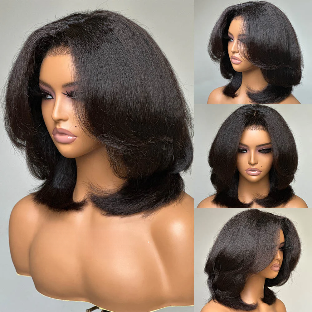 7x5 Lace Kinky Straight Layered Cut With Kinky Edges Bob Wig
