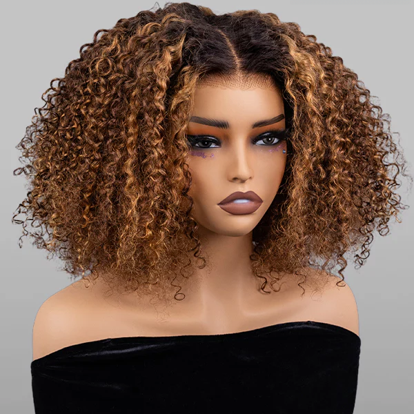 Ombre Blonde Highlight Deep Curly Glueless 4x4 Lace Wig Ready To Go 100% Human Hair