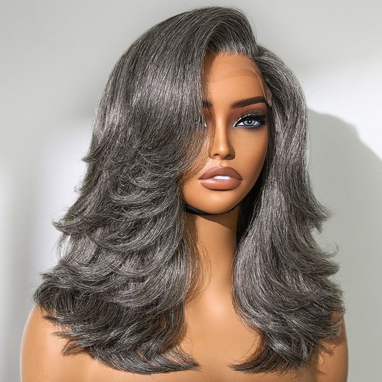 Layered Blowout Salt and Pepper 4x4 Lace Glueless Grey Wig Shoulder Length Wavy Wig