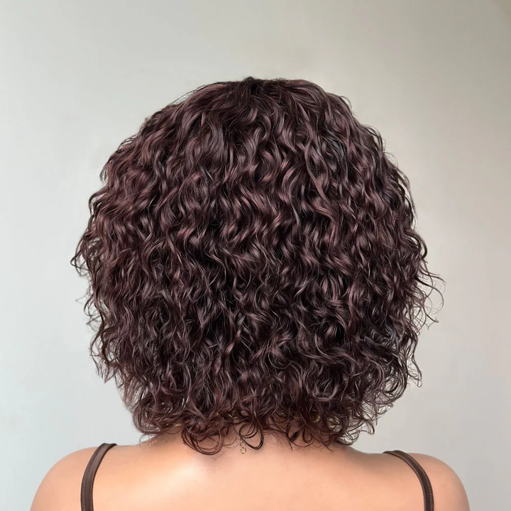 No Lace Put On & Go Dark Brown Curly Bob Wig With Bangs 100% Human Hair
