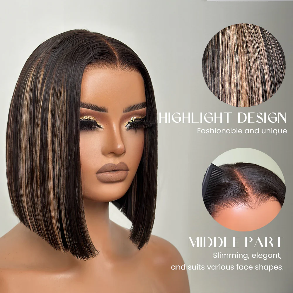 7x5 Lace Brown Highlight Silky Straight Bob Wig 100% Human Hair