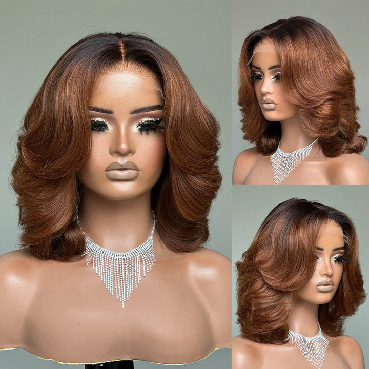 4x4 Lace Luxurious Layered Wavy Short Ombre Light Brown Glueless Wig