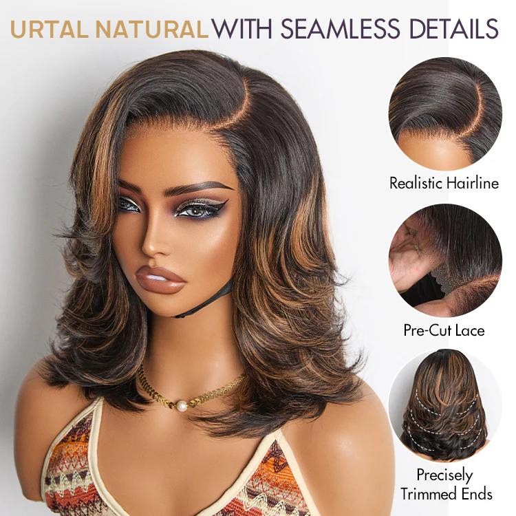 4x4 Lace Brown Highlight Layered Haircut Wavy Glueless Wig 100% Human Hair