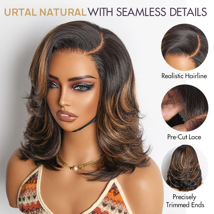 4x4 Lace Brown Highlight Layered Haircut Wavy Glueless Wig 100% Human Hair