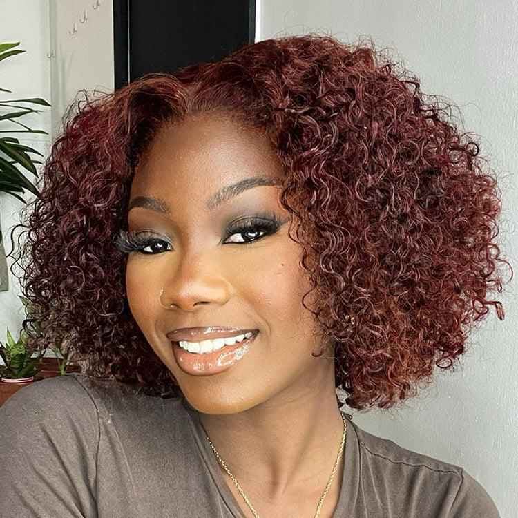 Reddish Brown Kinky Curly 4x4 Lace Wear And Go Glueless Short Curly Wig