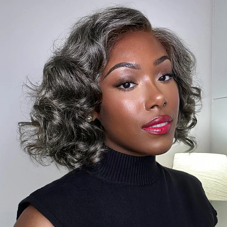 Elegant Salt & Pepper Loose Body Wave Glueless 4x4 Lace Short Wig