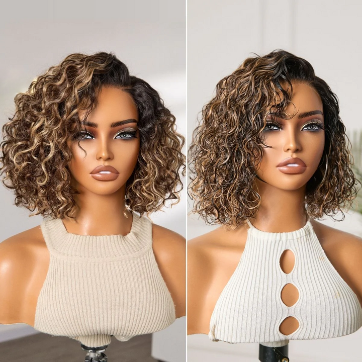 4x4 Lace Blonde Highlight / Natural Black Water Wave Short Curly Bob Wig Pre-Everyhthing & Transparent Lace Wear Go Glueless Wig