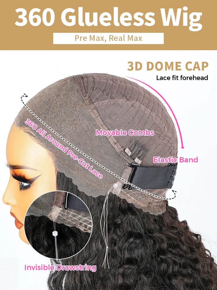 Water Wave Flexi-Fit Invisi Drawstring Cap 360 Lace Long Curly Wig With 4C Hairline