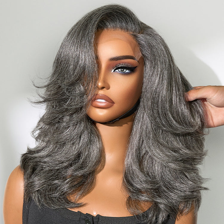 Layered Blowout Salt and Pepper 4x4 Lace Glueless Grey Wig Shoulder Length Wavy Wig