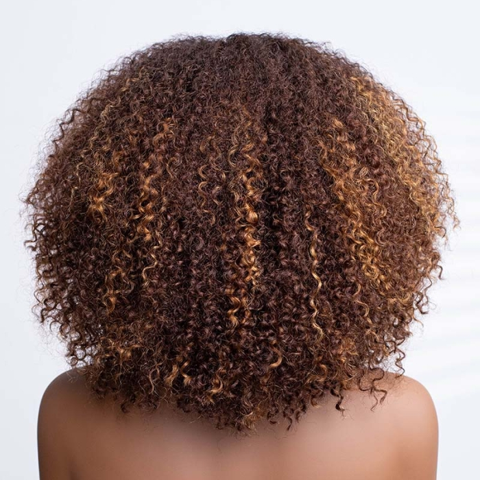 No Lace Toasted Chestnut Afro Curly Wig with Bangs Pre-Everything Wear Go Glueless Wig