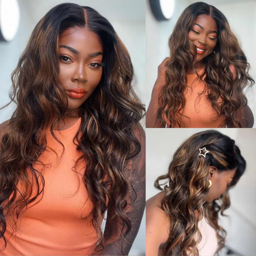 TianaHair Balayage Highlights Body Wave 4x4 Closure Lace Put On And Go Glueless Wig.