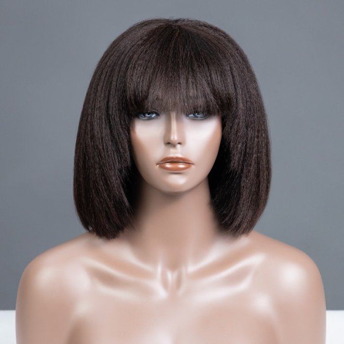 No Lace Kinky Blow-out With Bang Glueless bob Wig 100% Human Hair