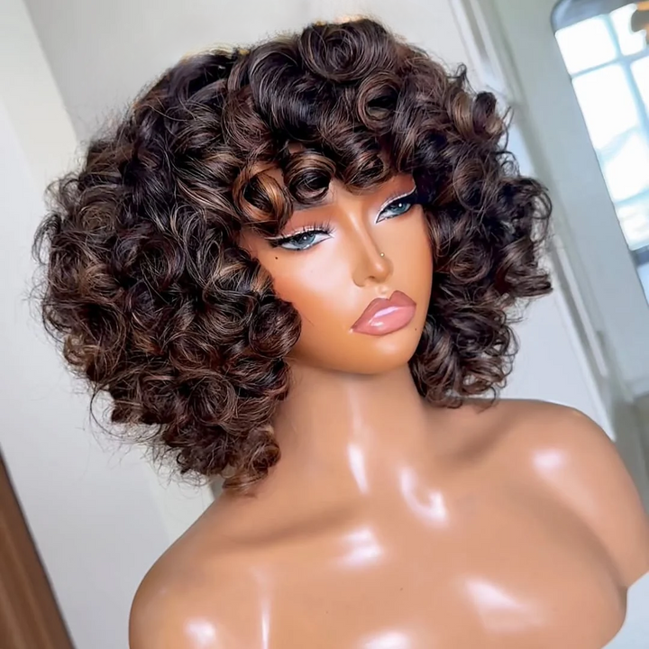 No Lace Brown Highlights/Natural Black Glueless Voluminous Curly bob Wig With Bangs Glueless Wig