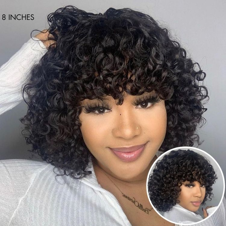 Light Weight Short Cut Water Wave Glueless No Lace Wig with Curly Bangs