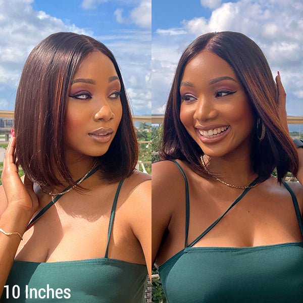 TianaHair Brown Highlights Silky Straight 4x4 Closure Lace Put On and Go Glueless Bob Wig 100% Human Hair.