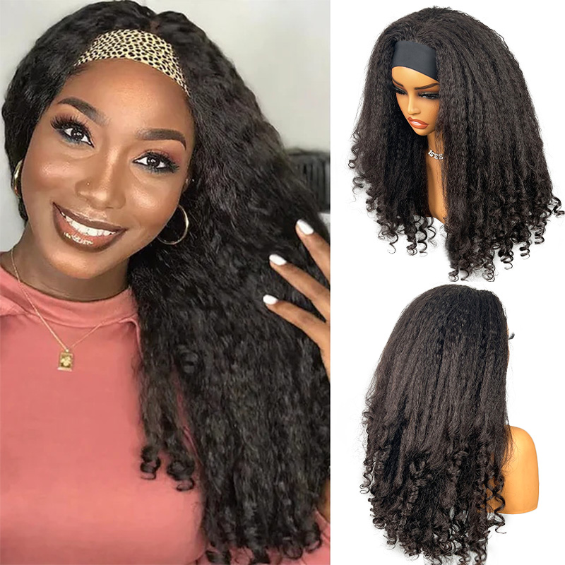 Kinky Straight Headband Wig With Spiral Curly Ends 100% Human Hair Glueless Wig