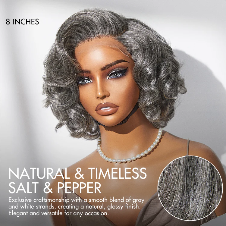 TianaHair Mature Boss Salt and Pepper Bouncy Egg Curls Glueless Transparent Lace Grey Wig.