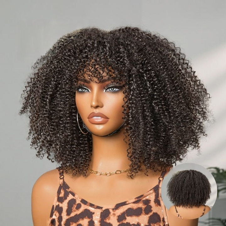 Bouncy Jerry Curl Throw On & Go Afro Curly Glueless Short Curly Wig with Bangs