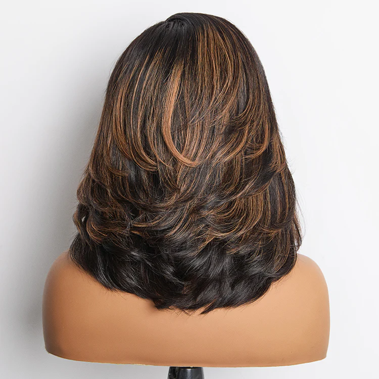 4x4 Lace Brown Highlight Layered Haircut Wavy Glueless Wig 100% Human Hair