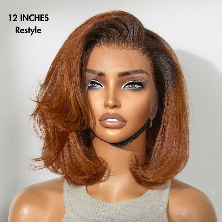 Ginger Ombre Silky Blunt Cut Glueless 4x4 Lace Short Bob Wig 100% Human Hair